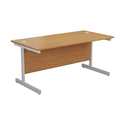 Image of Office Hippo Heavy Duty Rectangular Cantilever Desk, Home Table + Integrated Cable Ports, PC Desk For or Home, 5 Yr Wty White Frame/Oak Top, 140cm x 80cm