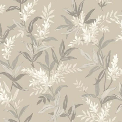 Image of Olivia Beige Floral Leaf Wallpaper Metallic Effect Flowers Botanical Leaves Stylish Trendy Feature Wall