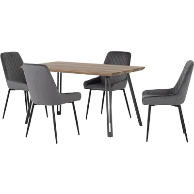 Image of Seconique Quebec Straight Edge Dining Set with Avery Chairs in Medium Oak Effect/Black/Grey Velvet