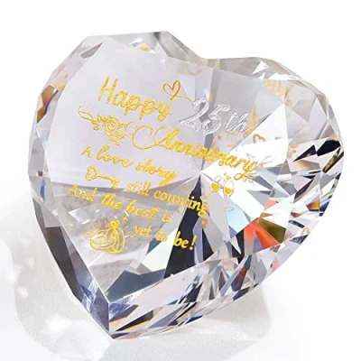 Image of 25th Silver Wedding Anniversary Romantic Gifts for Couple, Heart Crystal Diamond Keepsake Etched 25 Years of Marriage Presents Her