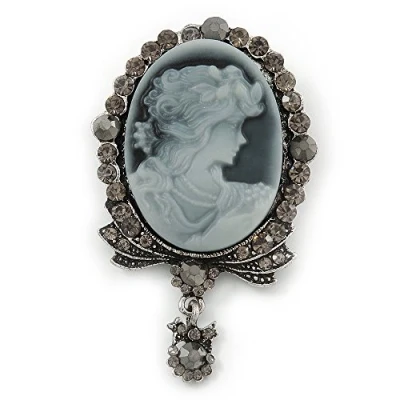 Image of Avalaya Vintage Inspired Grey/Hematite Crystal Cameo with Charm Brooch in Antique Silver Tone 63mm Across