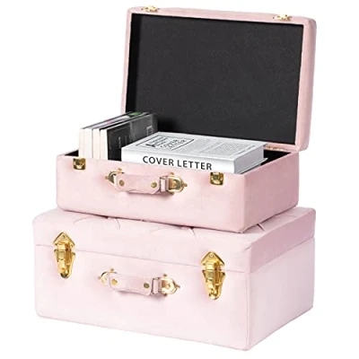 Image of Vintiquewise Decorative Tufted Velvet Suitcase Treasure Chest Set of 2, Pink
