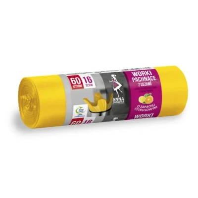 Image of ANNA ZARADNA ST AZ 033645 Bin Liners with Handles, 60 L, Strong, Pack of 16, Citrus Fragrance, Rubbish Bag, Bags for Household Office, Made HDLD Film, Colour: Yellow