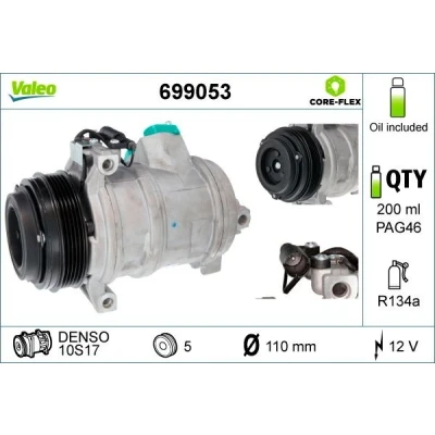 Image of JPB000110 AC compressor VALEO 699053 10S17 12V PAG 46 R134a with oil NEW ORIGINAL PART LAND ROVER: Range Rover 3, BMW: X5