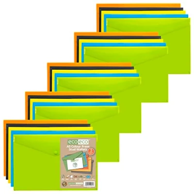Image of eco A5 50% Recycled Assorted Colours Press Stud Popper Wallet, Plastic Folders (Pack of 25), Green, black, blue, yellow, orange