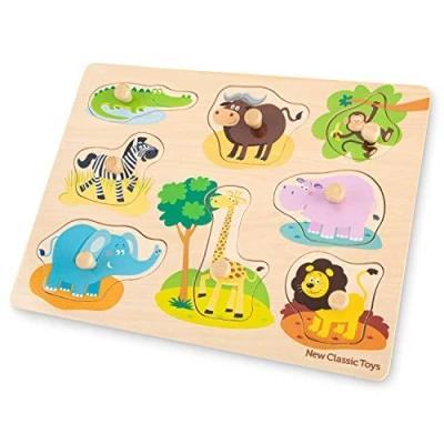 Image of New Classic Toys Peg Puzzle 8 Pieces Safari Wooden Educational Includes Crocodile, Cape Buffalo, Monkey, Zebra, Giraffe, Hippo, Elephant, and Lion