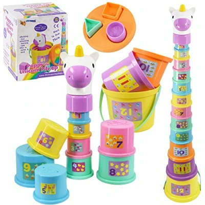 Image of Gerry The Giraffe or Poppy Unicorn Baby Toddler Stacking Nesting Sorting Cups Blocks Toy Activity Fun Time (Poppy Unicorn)