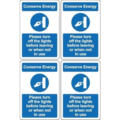 Image of Conserve energy please turn off the lights when leaving or not in use sign Self adhesive stickers Pack of 4 100mm x 66mm