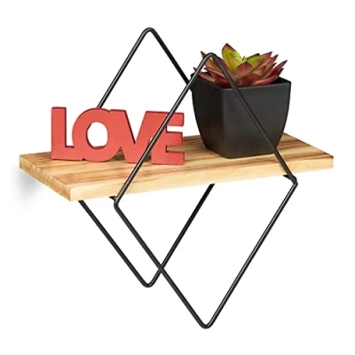 Image of Relaxdays Floating Shelf, Industial Design, Wall Mount, Diamond Shaped, Iron &amp; MDF, HBT: 30x30x15 cm, Black/Light Brown, fibreboard 50%