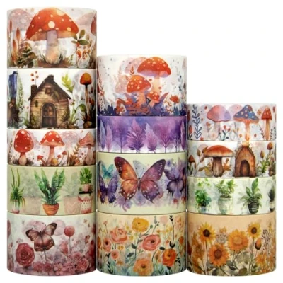 Image of Jniseger Washi Tape Set 13 Rolls Mushroom Butterfly Floral Decorative Tape, Colored Masking for Scrapbooking Supplies, Bullet Journal Junk Journal, DIY Crafts Art