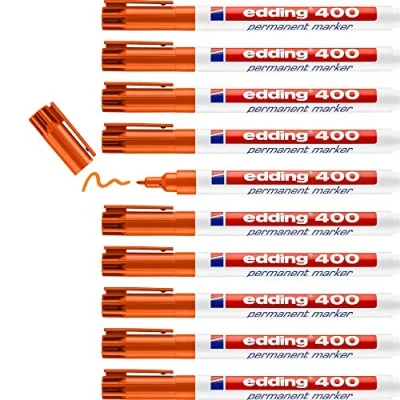 Image of edding 400 permanent marker orange 10 pens fine round tip 1 mm waterproof, quick drying, smear proof for cardboard, plastic, wood, metal, glass and fabric