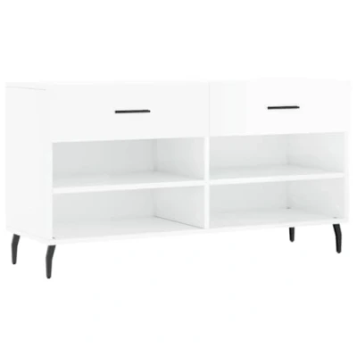 Image of vidaXL High Gloss White Shoe Bench with Iron Feet Sturdy Engineered Wood Construction Storage Drawers and Shelves