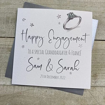 Image of WHITE COTTON CARDS PERSONALISED ENGAGEMENT CARD. ANY RELATION. GRANDDAUGHTER &amp; FIANCÉ. RING STARS DESIGN. Handmade (P22 74 GD XP22 GD)