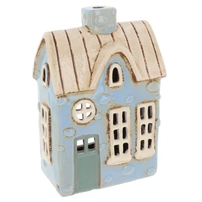 Image of Shudehill Giftware Village Pottery Ceramic Tealight Holder Cobblestone House Collection Pastel Blue Dormer Window or Yellow Double Terrace (Blue)
