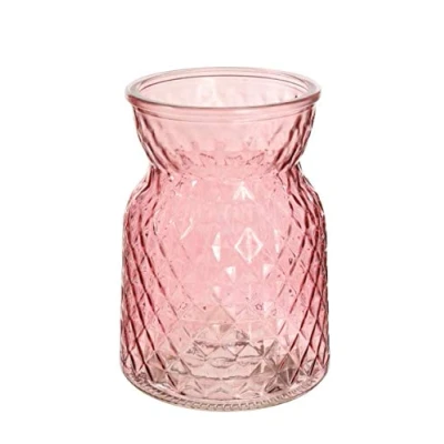 Image of Small Modern Shaped Vase Lattice Texture Glass Bud or Stem Flower 13cm x 9cm Pastel Pink Green (Pink)