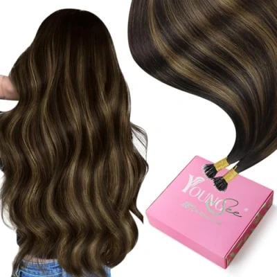 Image of YoungSee Nano Hair Extensions Real Human Brown Ring Extension with Dark Balayage Beads 16in Loop 50s 50g
