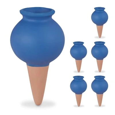 Image of Relaxdays Clay Cone Set of 6, Houseplants &amp; Flowerbeds, Automatic Watering, Ceramic, Vacation Office, Blue/Terracotta, 12 x 6 cm