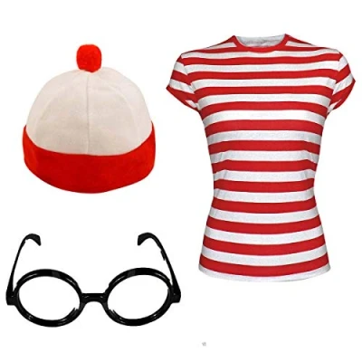 Image of Golden Beads Mens Adults Book Week Red &amp; White Striped T Shirt Hat Glasses Set Fancy Dress (S, White)