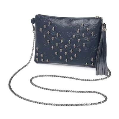 Image of Miss Lulu Women&#039;s Clutches Gothic Punk Style Skull Clutch Bag, Black Handbag Ideal Bags for Women with Tassel Pendant (Navy)