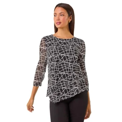Image of Roman Womens Linear Print Asymmetric Hem Stretch Top Black Size 18 UK