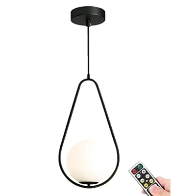 Image of KEFA Modern Wireless Battery Operated Pendant Light, Non Hardwired Indoor Remote Mid Century Hanging Light with Dimmable Bulb, White Globe Glass Fixture for Kitchen Island Dining Room Bedroom Bar Hall