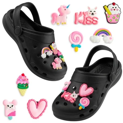 Image of CityComfort Girls Clogs with Removable Charms, Beach Pool Shoes Gifts (Black/Pink, 10/10.5 UK)