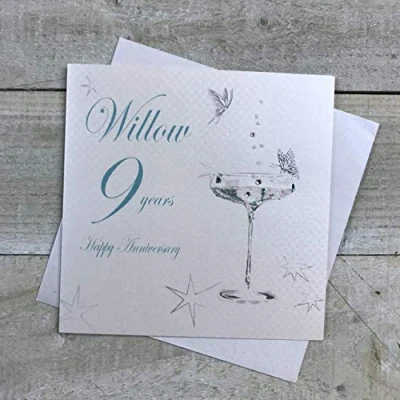 Image of White Cotton Cards BD109C Coupe Glass &quot;Happy Anniversary &#039;Willow&#039; 9 Years&quot; Handmade Card,