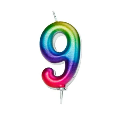 Image of Anniversary House Age 9 Metallic Numeral Moulded Pick Candle Rainbow
