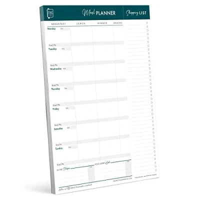 Image of Perfect Planner Company Magnetic Weekly Meal Pad A4 Tear Away Design Perforated Shopping List Calorie Tracker, and Food Expiry Date Teal, Portrait, 50 Pages