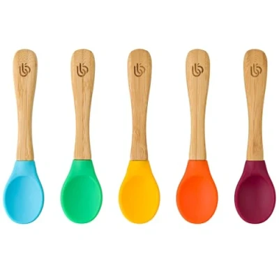 Image of Bamboo ® Baby Weaning Spoons Set of 5 with Soft Silicone Tips Ergonomic Easy Grip Handles BPA Free (Set 5)
