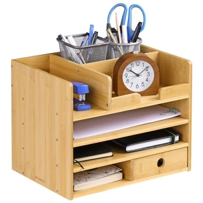 Image of Navaris Bamboo Desk Organiser Wooden Desktop Storage Drawers and Compartments for Organising Stationery, Documents, Files, Office Accessories