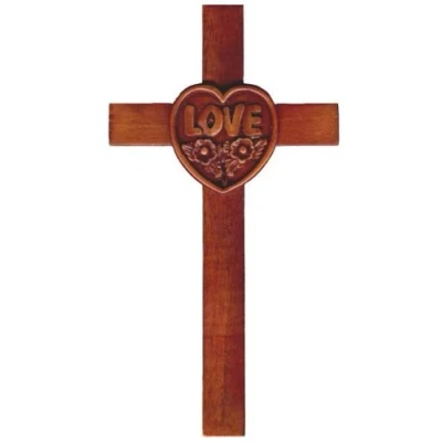 Image of Shalom 20cm wooden Mahogany large Love Heart wall hanging cross brown