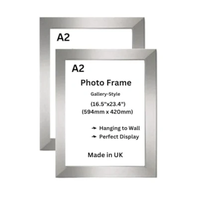 Image of A2 Silver Picture Frame 59.4 x 42cm Wooden Photo Modern Poster Document Frames for Wall Mount, Pack of 2 MDF Portrait or Landscape Certificate (2, Silver)