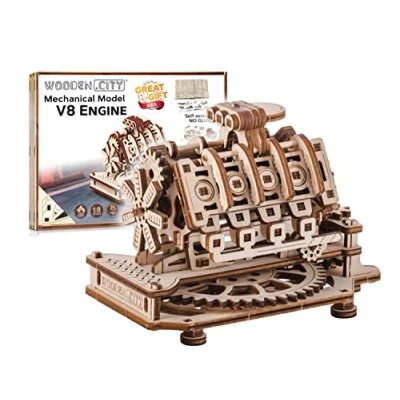 Image of WOODEN.CITY V8 Engine Model Scale 1:8 3D Puzzles, Wooden Puzzles for Adults, Kits Adults Unique Gifts, Assembly Time 3H, Made in EU