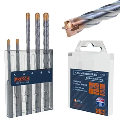 Image of Presch SDS plus Carbide Drill Bit Set X4 5 pcs Reinforced Concrete with 4 Cutting Edges and Dowel Length Indicator for Concrete, Granite, Brick, Masonry Ø 10mm