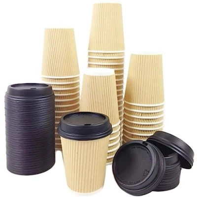 Image of A406 8oz Disposable Paper Cups Ripple Black, 3ply Kraft Coffee Cup with Lid Tripple Insulated x 100 (Kraft, Lid)
