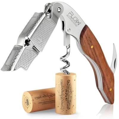 Image of FLOW Barware 3 in 1 Waiter&#039;s Friend Corkscrew, Bottle Opener, &amp; Foil Cutter Cork Screwer Opener Stainless Steel Screw with Rosewood Handle New Home Essentials, Gift for Wine Lovers