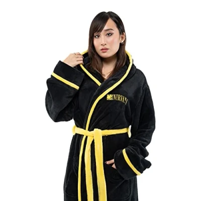 Image of Nirvana Bathrobe Yellow Smile Band Logo Official Black Super Soft Fleece Unisex S
