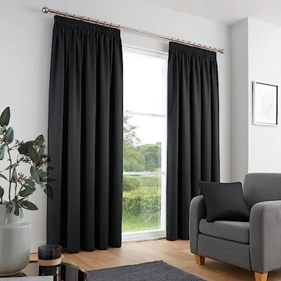 Image of Fusion Black Curtains W66 x L90 (168 229cm) 100% Cotton 2x Panels Pencil Pleat in Soundproof &amp; Thermal for Bedroom Pleated Drapes