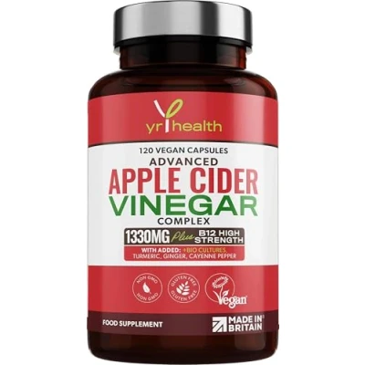 Image of Apple Cider Vinegar Capsules Max Strength with Cayenne Pepper, Bio Cultures, Turmeric, Ginger, Vitamin B12, 1330mg, 120 Vegan Keto ACV from Apples Mother, UK Made by YrHealth