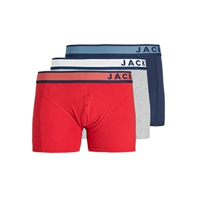 Image of JACK &amp; JONES Men&#039;s JACDENVER TRUNKS 3 PACK Boxer Shorts, Light grey melange/pack: pompain red dress blue, M