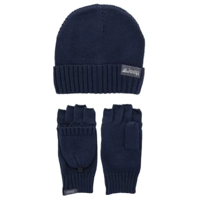 Image of Jeep Unisex&#039;s Men&#039;s and Women&#039;s 2 Piece Beanie Convertible Gloves Set One Size Fits Most Winter Accessory, Blue