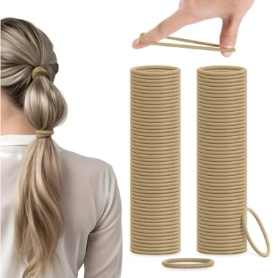 Image of H&amp;S Hair Bands for Women 100pcs x 4mm Non Metal Bobbles Thick and All Types Elastic &amp; Seamless Ponytail Holders No Damage Ties also Men Beige