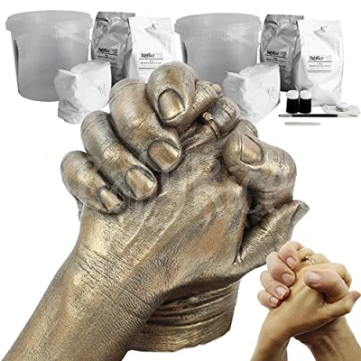 Image of Premium 3D Hand Casting Kits Couple Bronze Paint Make 2 Sets Holding Hands Casts Engagement Gifts for Couples 8th Wedding Anniversary Gift 2kg Alginate 3kg Stone Plaster BabyRice