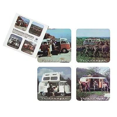 Image of BRISA VW Collection Volkswagen Drink Glass Cork Coasters with MDF Coating and T1 Bus Campervan Design (4 Piece Set/Scenery/Multicolor)