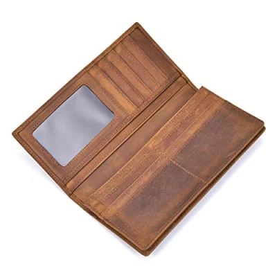 Image of LUUFAN Men&#039;s Genuine Leather Long Wallet Chain Wallet, Engraved Bifold Brown2, M