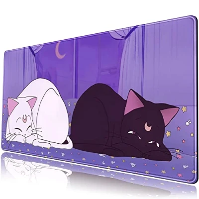 Image of Anime Kawaii Desk Mat Cute Cat Large Mouse Pad XXL Lavender Purple Extended Mousepad Gaming Desktop Laptop Keyboard 31.5&#039;&#039;X15.7&#039;&#039; Non Slip Rubber Base with Stitched Edges