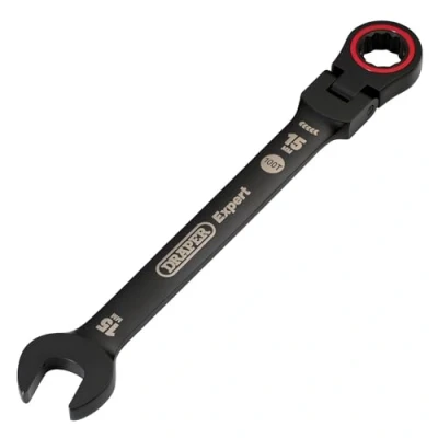 Image of Draper Expert HI TORQ Metric Flexible Head Ratchet Combination Spanner, 15mm, Black