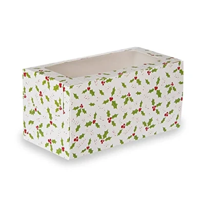Image of Anniversary House Yule Log Christmas Cake Box, Holly Print, 12.5 x 25.5 CM, J079