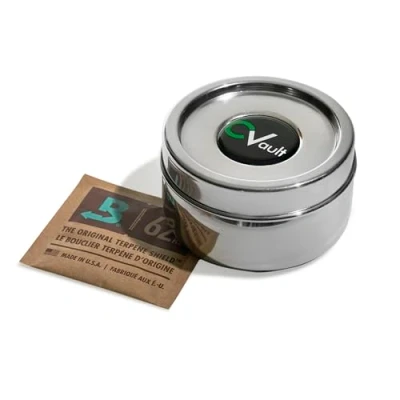 Image of CVAULT by Boveda 1/2 oz Twist Top Storage Container Shatterproof, Air Tight &amp; Light Resistant Food Grade Stainless Steel Includes 62% RH 8 gram Pack